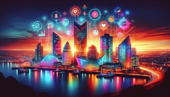 A Plymouth cityscape at sunset with glowing neon SEO keywords above modern buildings.