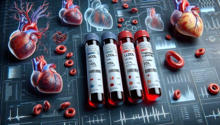 Cholesterol Blood Test in Yeovil: Illustration of cholesterol blood test vials labeled HDL, LDL, triglycerides, with heart and circulatory system diagram.