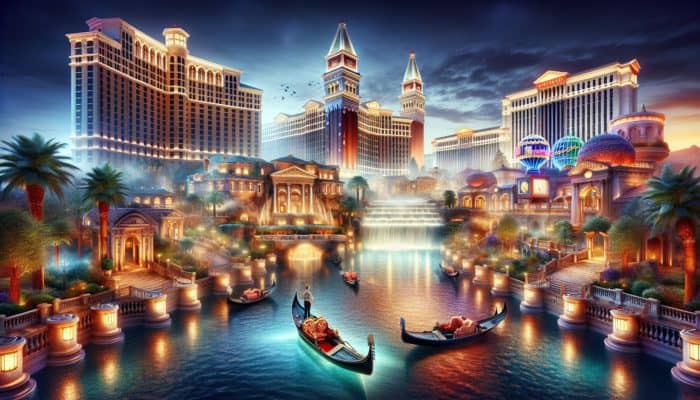 Experience Luxurious Las Vegas Hotels: A stunning view of the Bellagio's fountains, the architecture of Wynn, and gondola rides at The Venetian under vibrant neon lights.