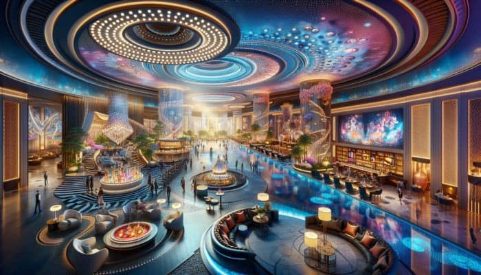 Luxurious Las Vegas hotel lobby with guests enjoying spa treatments, gourmet dining, and live entertainment.