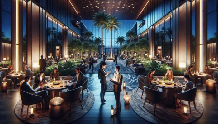 A serene Las Vegas hotel lobby at dusk with guests enjoying dining and checking in using smartphones.
