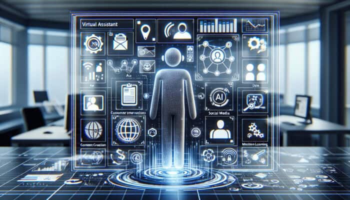 A futuristic digital interface showing a virtual assistant handling various tasks with AI and machine learning icons.
