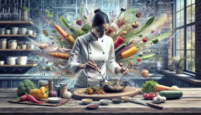 A chef skillfully preparing an array of colorful, flavorful gluten-free dishes in a gourmet kitchen.