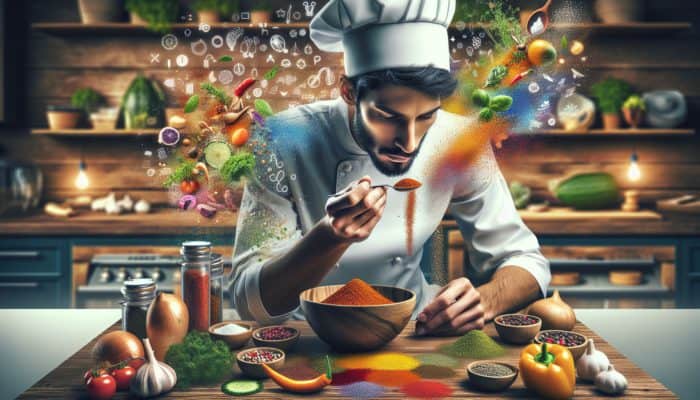 A chef tasting and seasoning a colorful gluten-free dish in a vibrant kitchen, emphasizing the importance of flavor balance.