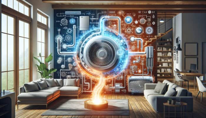 Heat pump extracting warmth from cold winter air, transferring it indoors to a cozy room with visible refrigeration cycle components.