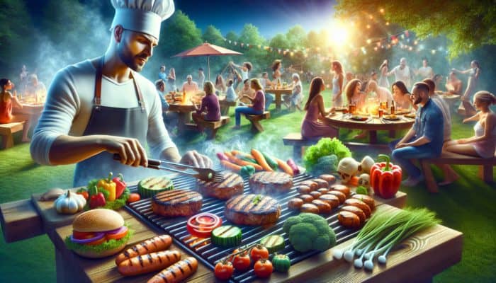 A chef expertly flipping burgers at a vibrant summer BBQ with friends enjoying the outdoor setting.