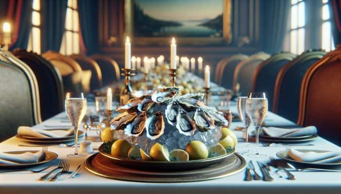 Foods to Improve Women’s Libido: Fresh oysters on ice with lemon slices, enhancing a romantic dinner setting in traditional British cuisine.