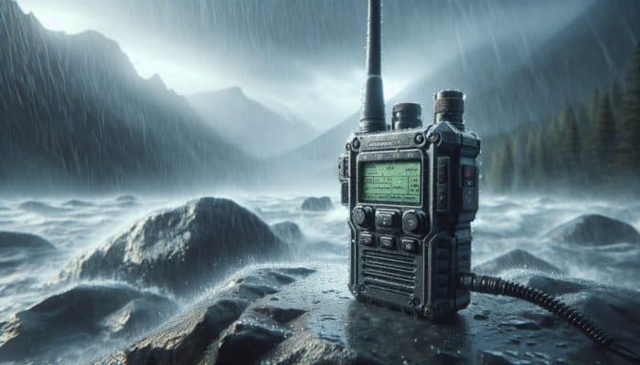 Rugged emergency radio with high-capacity battery and advanced antenna, enduring harsh weather in remote wilderness.