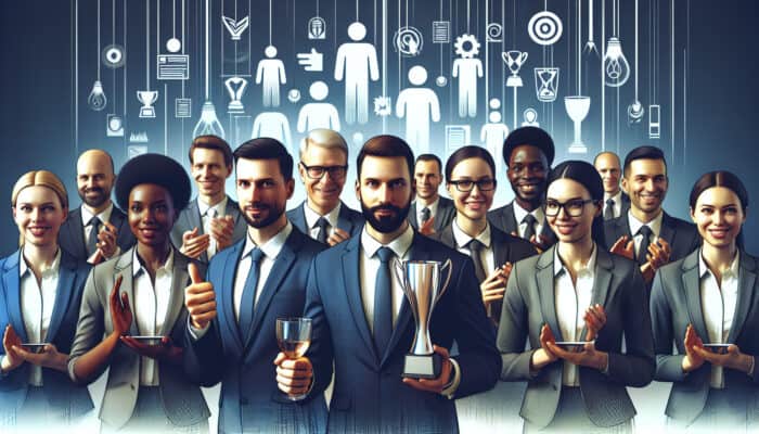 A diverse group of employees at a formal award ceremony receiving trophies, with company logo and banners.