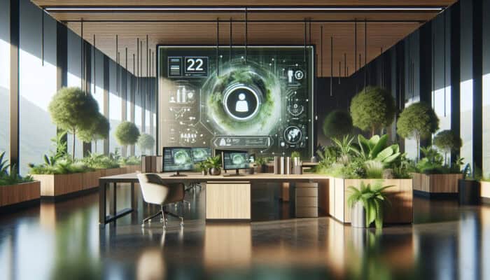 A modern office with a digital screen showing eco-friendly virtual assistant software, surrounded by green plants and sustainable materials.