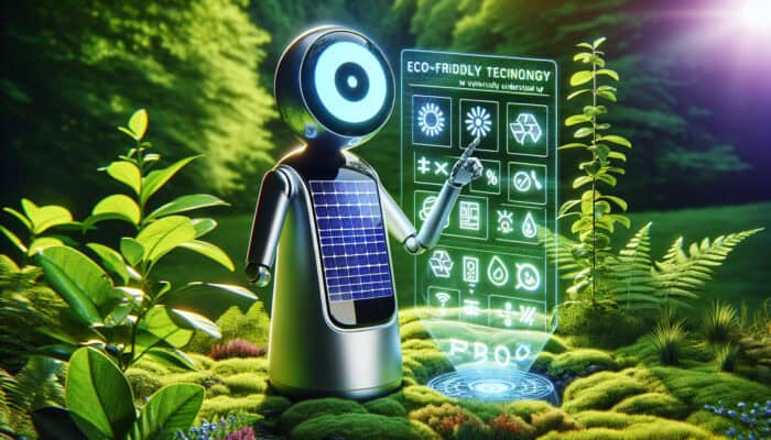 A solar-powered virtual assistant in a green environment showing eco-friendly tips on a holographic screen.