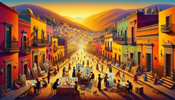 A vibrant scene in San Miguel de Allende with colorful colonial buildings, cobblestone streets, artists painting, locals celebrating a festival, and rolling hills at golden hour.