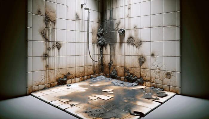 A shower displaying damage such as water stains, mould, cracked tiles, pooling water, and soft spots on the floor.