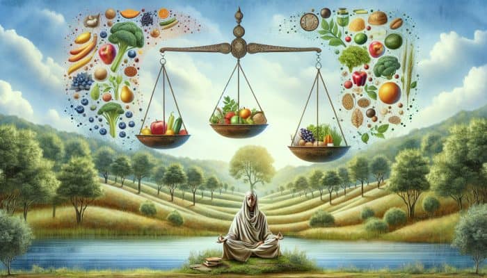 Exercise for Mental Wellness: A person practicing yoga in a serene landscape, surrounded by symbols of balance and health.