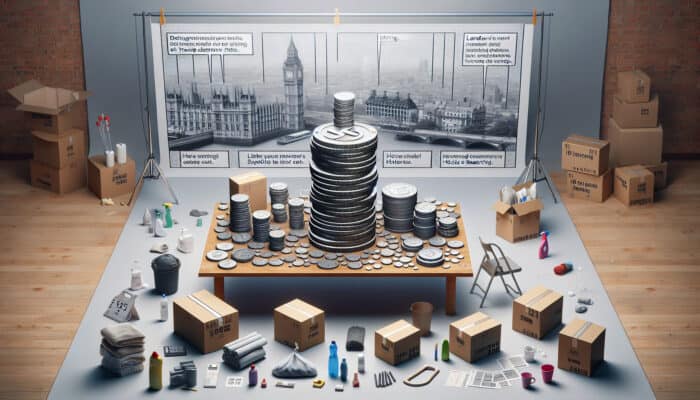 Invoice detailing 2025 UK house clearance costs, highlighting London's higher rates, with moving boxes and cleaning supplies.