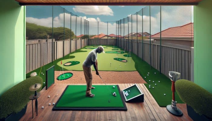 A picturesque South African backyard featuring a mini golf driving range, equipped with a safety net and a golfer honing their skills.