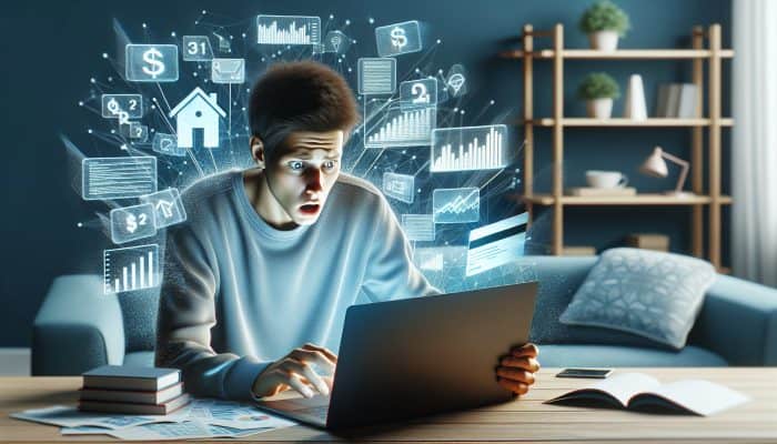 Person reviewing credit report on laptop, surrounded by financial documents, looking worried in home office.