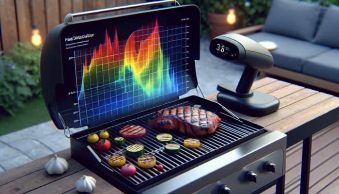 A high-tech BBQ heat mapper scanning a grill, showing a colorful heat map, with grilled foods in a modern backyard setup.