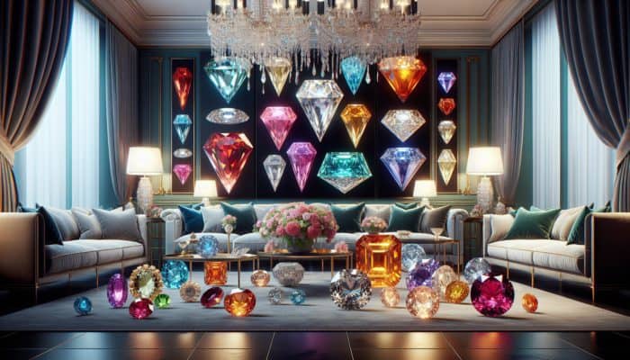 Vibrant Gala Gems in diverse colors and unique cuts, enhancing jewelry and decor elegance.