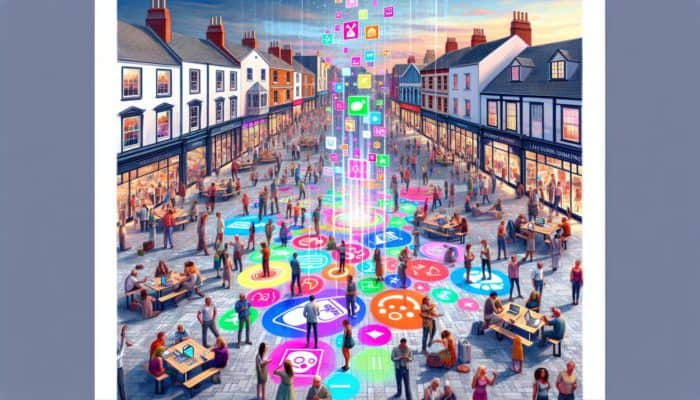 Dynamic Content Creation in Calne for Small Business: A lively Calne town square displaying locals engaging with digital screens that showcase diverse content reflective of the town's culture.