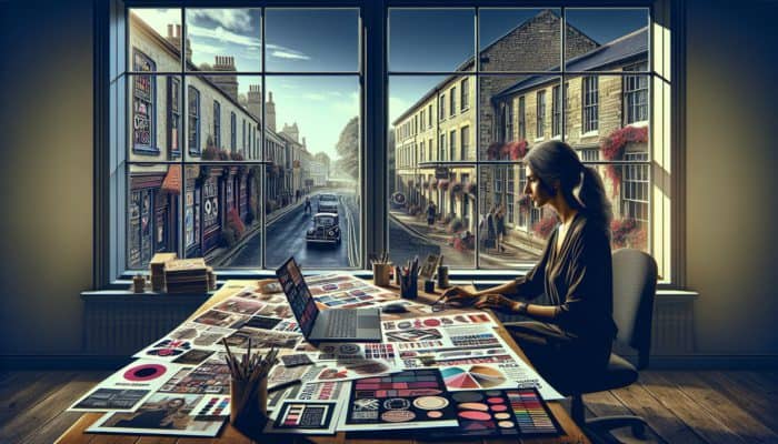A dedicated small business owner in Calne engaged in content creation at a desk filled with marketing materials and a laptop, overlooking historic architecture.