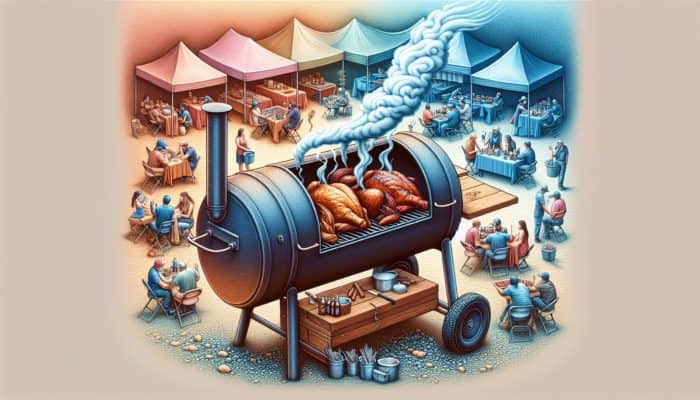 A detailed view of an offset smoker with a side firebox, emitting smoke, at a barbecue competition with enthusiasts and tender meats cooking inside.