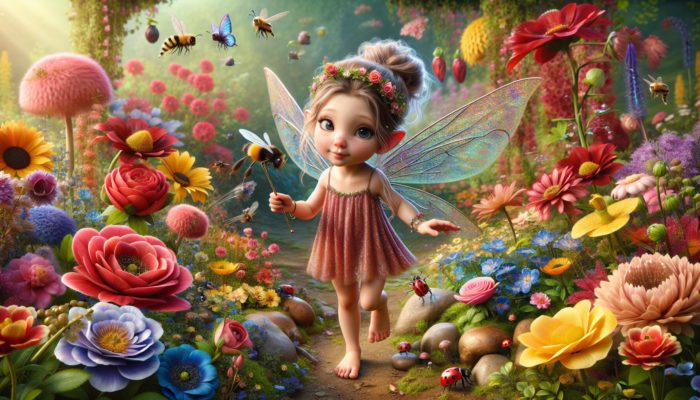 A Tinkerbell pixie exploring a vibrant garden, interacting with flowers and insects.