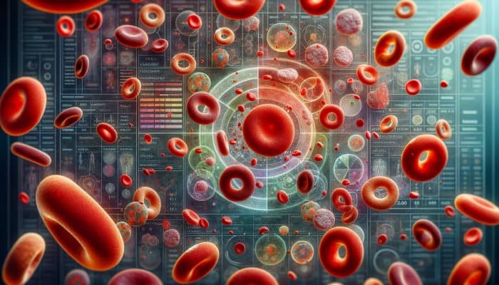 Full Blood Count in Chadderton: Illustration of full blood count: red and white blood cells, platelets under microscope, with health function chart.
