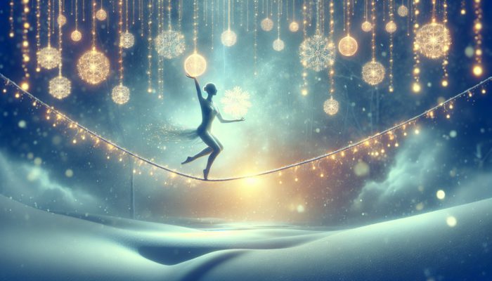 A person balancing on a tightrope adorned with holiday lights, set against a serene winter backdrop with falling snow.