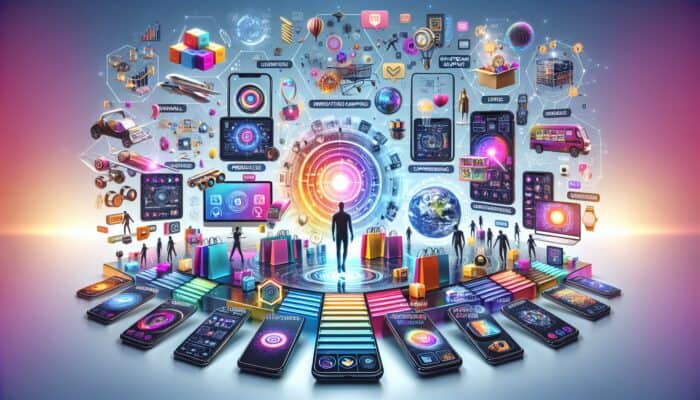 A futuristic e-commerce platform showcasing shoppable videos, live-stream events, and AR/VR on mobile devices.