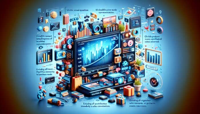 A vibrant digital interface showcasing a shoppable video with clickable product icons, enhancing sales conversion rates.