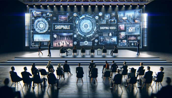 Industry experts discussing shoppable video trends on a modern stage with interactive screens in a futuristic conference setting.