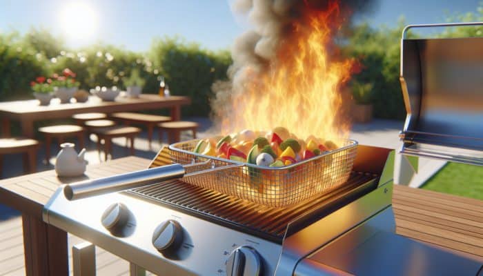 Stainless steel grilling basket with colorful diced vegetables sizzling over a flaming grill outdoors.