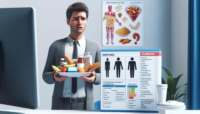 A person experiencing digestive issues and fatigue, holding gluten and dairy foods, near a food intolerance test kit in a clinical setting.