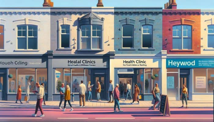 A bustling street in Heywood featuring clinics that offer food intolerance testing, with people entering and exiting.