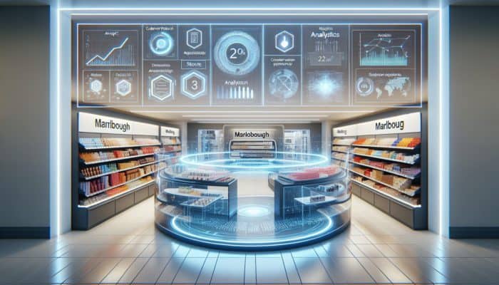 A vibrant Marlborough store showcasing diverse products, complemented by a floating digital platform displaying analytics.