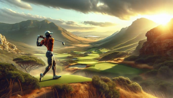 Golf Fitness Tips For Beginners: Golfer in South Africa navigating diverse terrains, showcasing strength and endurance.