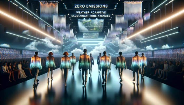 Jackets with weather-adaptive fringes at a futuristic fashion show, changing texture and color for climate adaptability.