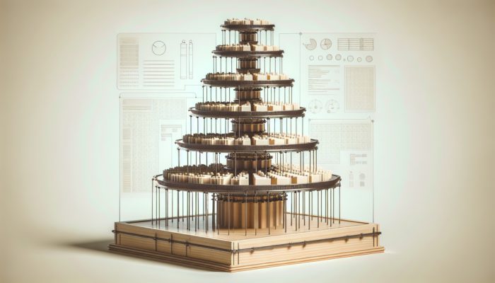 A tall, multi-tiered dessert tower with dowels and pillars on a wide, heavy base, securely fastened.