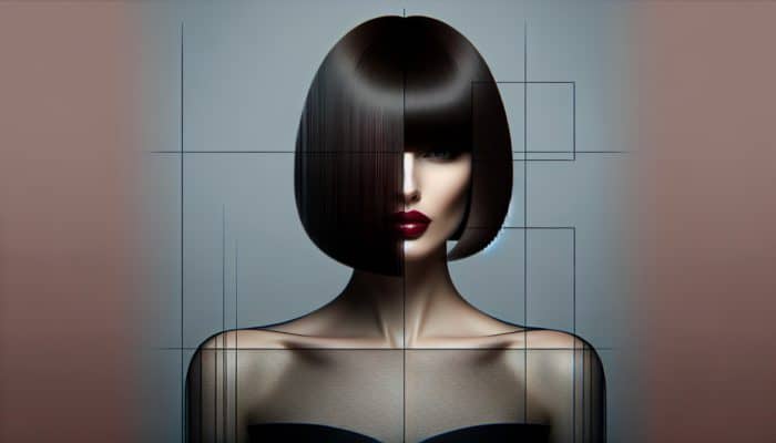 A woman with a long bob, uneven lengths on each side, showcasing a bold asymmetrical cut.