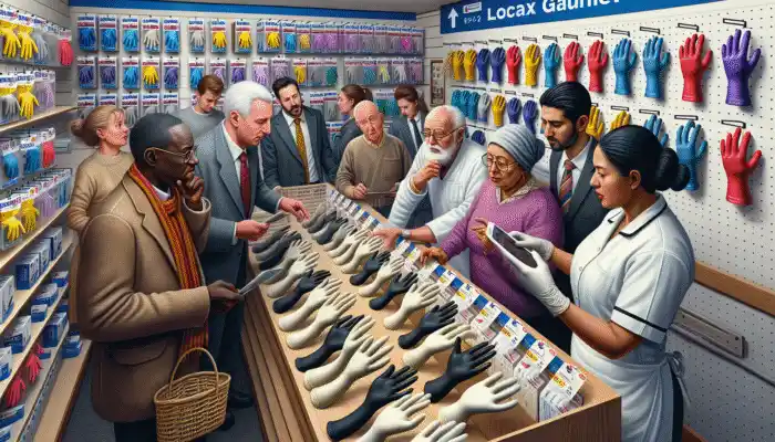 A bustling Swansea store showcasing various high-quality latex gauntlet gloves on shelves, with staff assisting customers.
