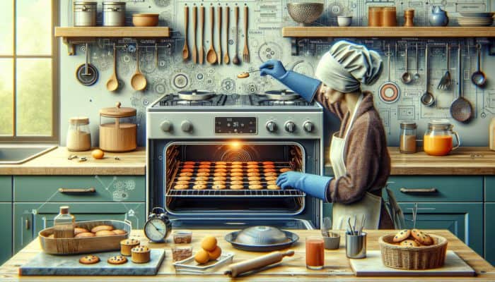 A baker using a timer and gloves to monitor cookies baking in an oven, preventing burning.