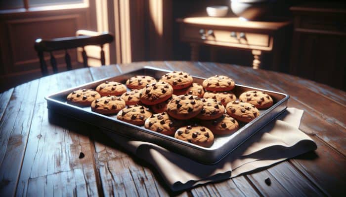 Golden-brown chocolate chip cookies on a wooden table, displaying warm kitchen ambiance.