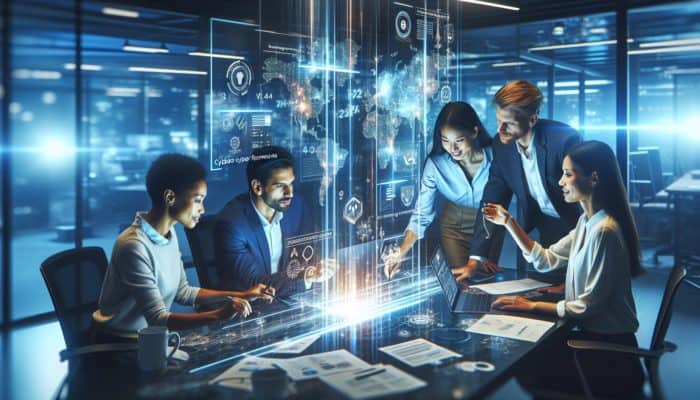 A diverse team collaborating on cybersecurity strategies in an office, with reports on cyber threats visible.