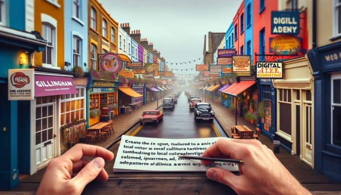A Gillingham street scene with diverse businesses displaying tailored digital ads, reflecting local culture and trends.