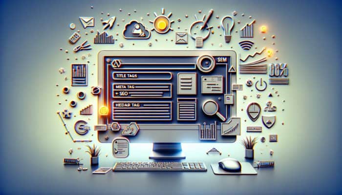 On-Page SEO in Blandford Forum for Small Business: A computer screen showcasing a webpage with vital SEO elements such as title tags and analytics graphs.