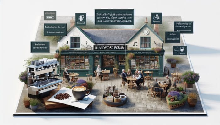 A bustling café in Blandford Forum with signs for top coffee and community event posters.