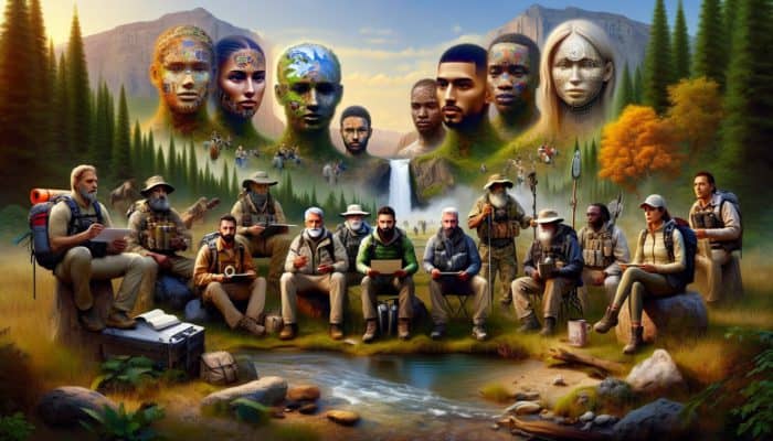 Diverse survival experts in wilderness debunking myths with visual aids, surrounded by nature.