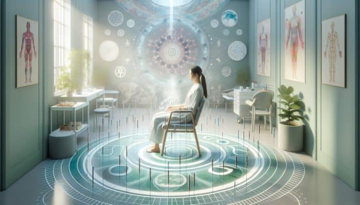 A serene scene of a woman receiving acupuncture in a tranquil UK fertility clinic, surrounded by calming colors and traditional Chinese symbols.