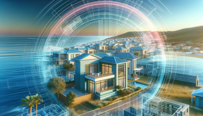 A serene coastal scene of Ballito with modern homes near amenities, clear sky.